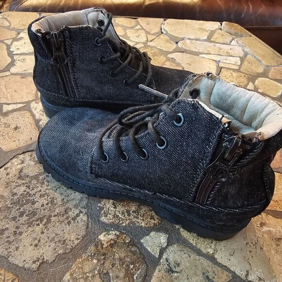 AKID Kids Black Denim Pearly Studded Boots Lace-Up & Side Zipper Size 10C - Picture 3 of 10